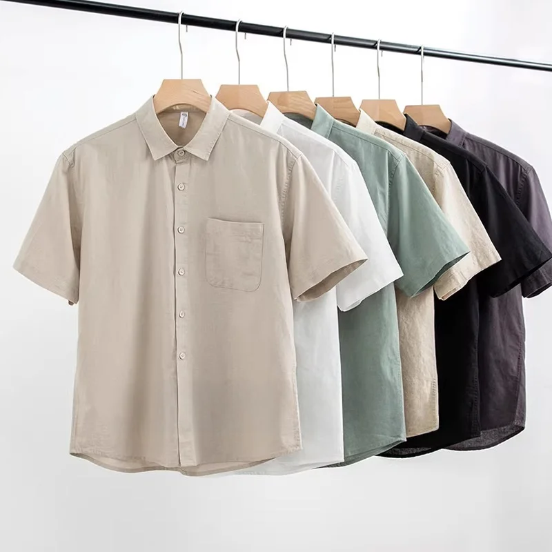 

Men's Cotton Breathable Short Sleeve Shirt Fashionable Versatile Old Money Style Casual Slim Fit Pocket Detail Daily Wear