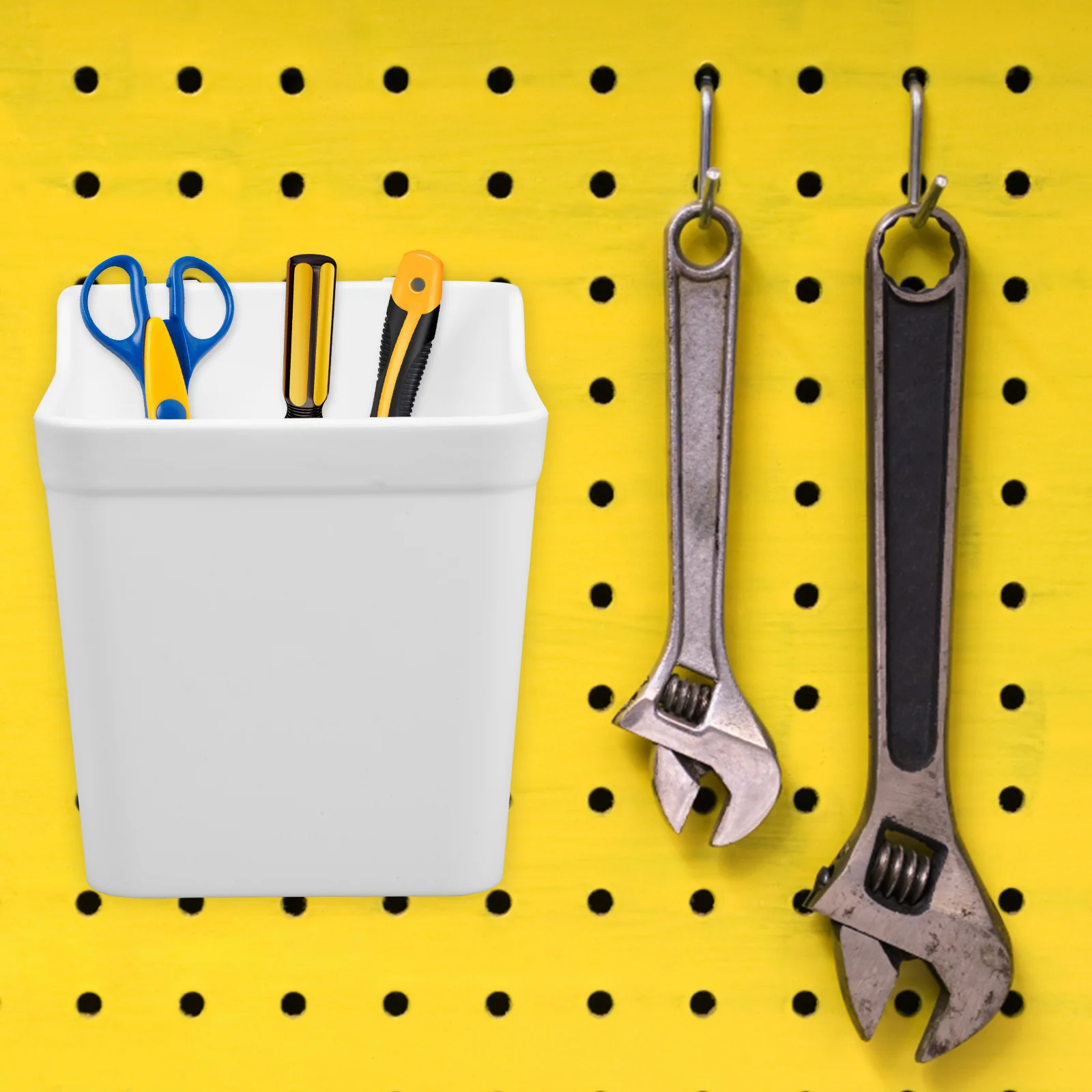 

6 Pegboard Cups White Square Shaped Storage Bins with Hooks for Garage Workshop Office Kitchen Small Parts Screw Tool Storage