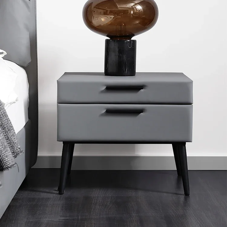 Italy Minimalism Style Bedroom Furniture Side Table Grey Leather Fabric Modern Night Tables