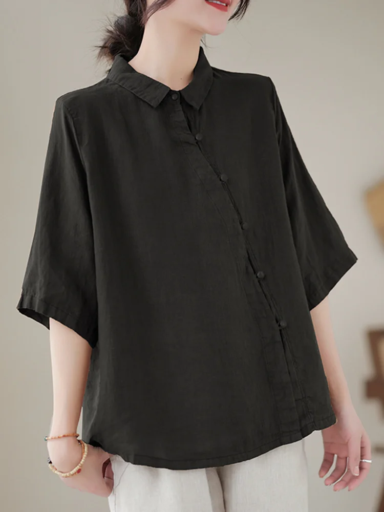 Cotton Linen irt Women Loose Chinese Sle ort Sve Button up Top Summer Faion Retro  Collar Pure Color Commute Wear
