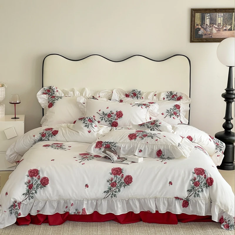 

White Princess Bedding Set 100%Cotton Red Rose Flowers Print Ruffles Duvet Cover Bedspread Bed Sheet Pillowcases Home Textile