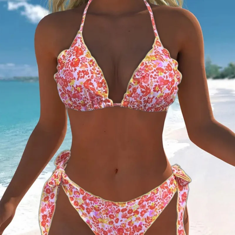 

NewbikiniSmall Floral Triangle Cup Lace-Up Sexy Two-Piece Bikini Swimsuit for Women