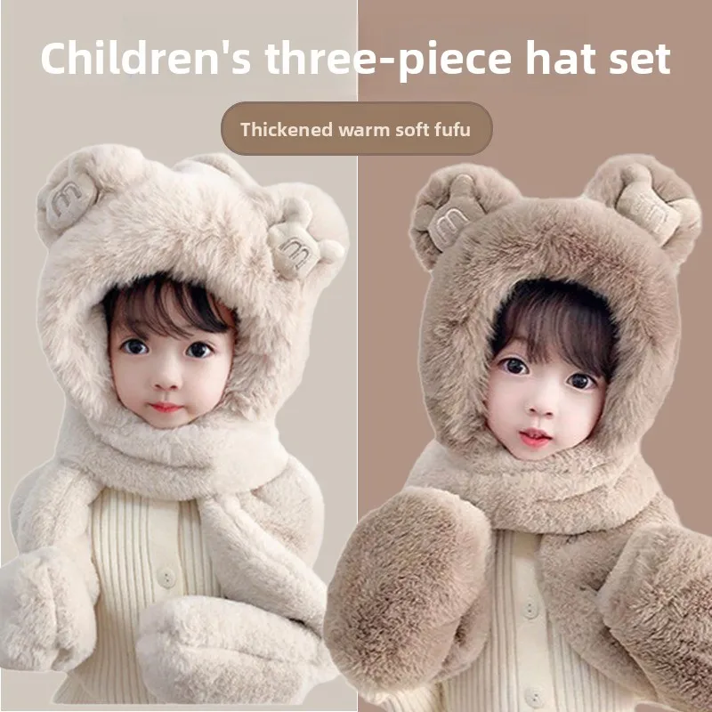 

Осенне-зимний детский комплект 3-в-1: теплая утолщенная плюшевая шапка, шарф и перчатки, стиль головного убора для мальчиков, девочек и малышей.