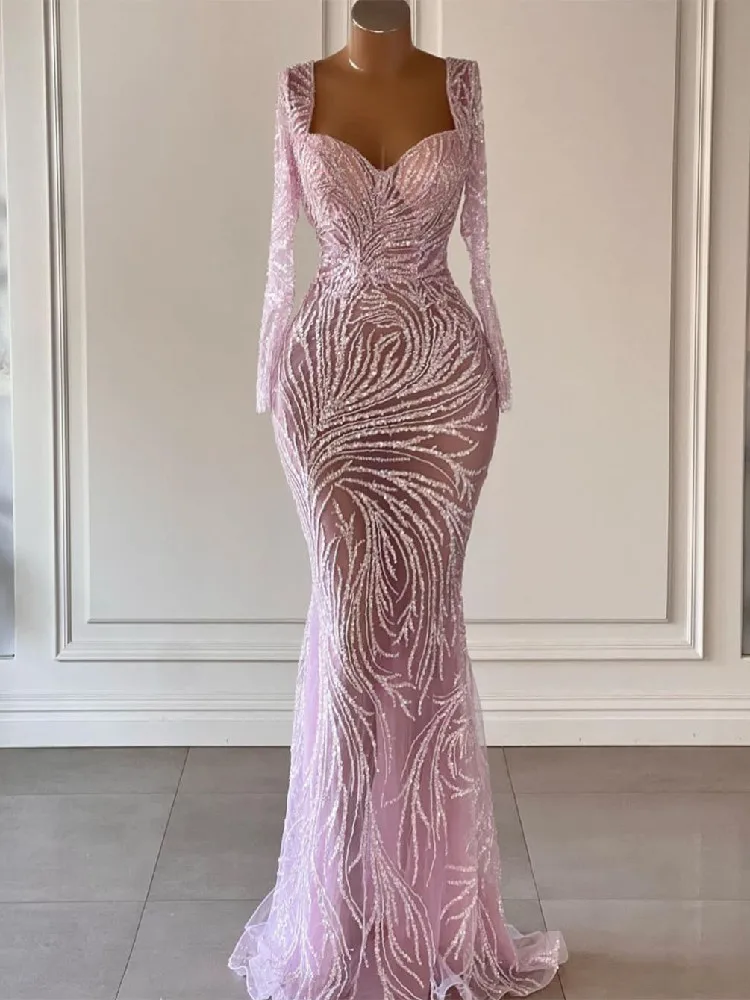 Pink Mermaid Evening Dresses V Neck Long Sleeves Sparkly Sequins 3D Lace Hollow Beaded Sexy Appliques Prom Dresses Custom Made