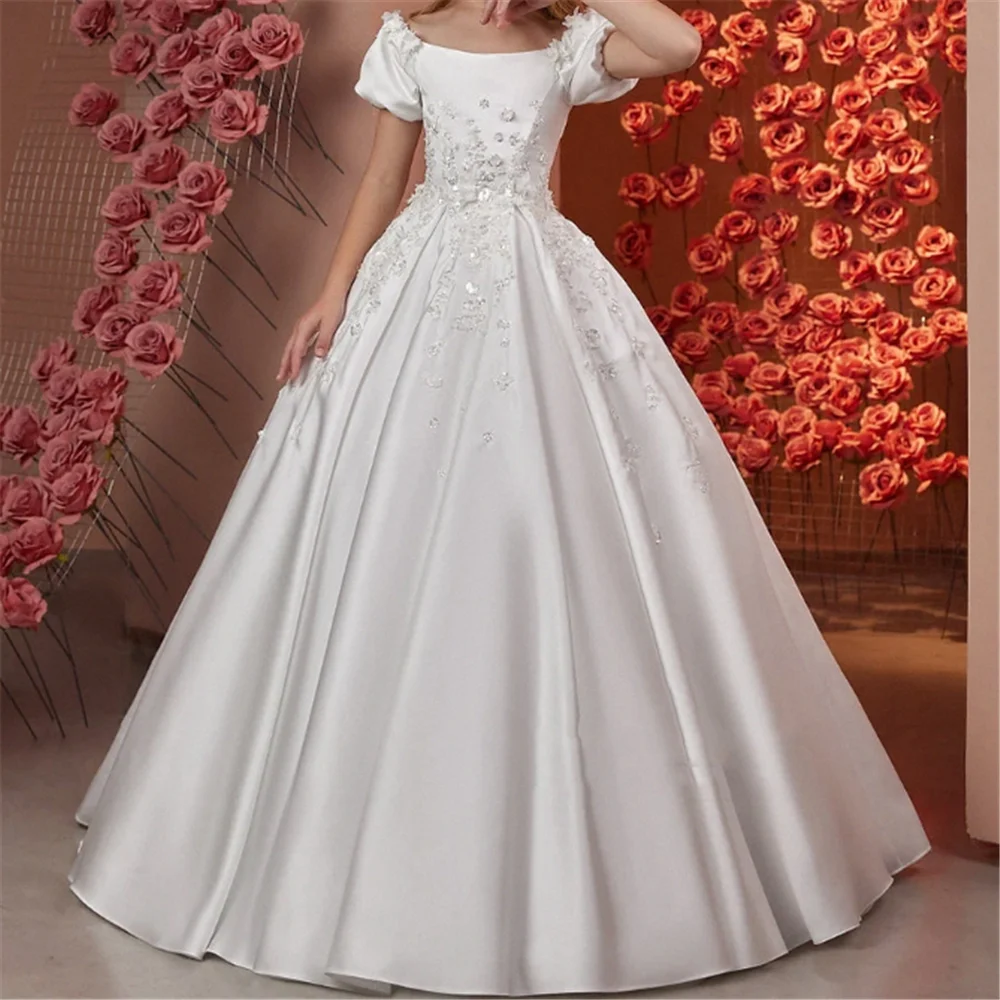 Vestido de niña de flores de satén blanco para boda, apliques con hombros descubiertos, cuentas, elegante regalo de cumpleaños, desfile, vestidos de