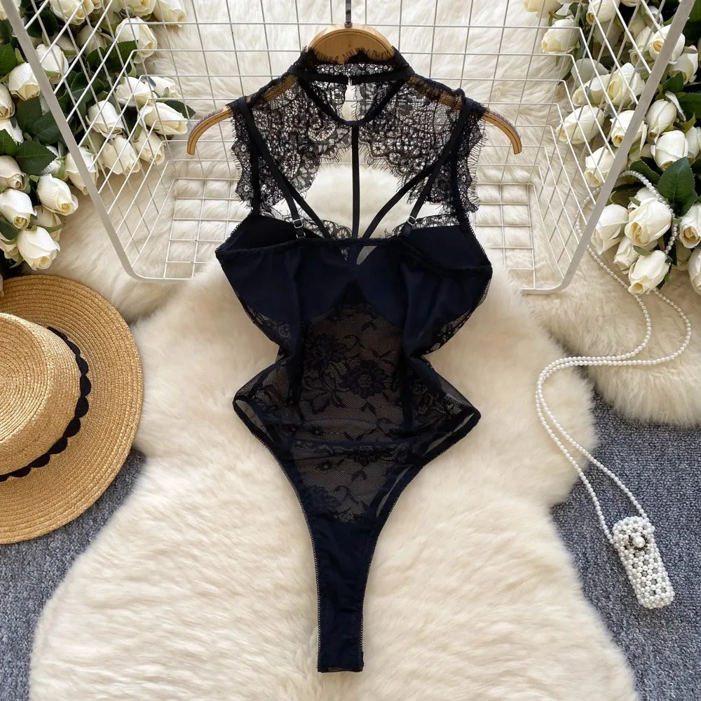 Hotsweet Vintage Hollow Hook Flower Lace Elegant Sleeveless Bodysuits Stand Collar Top Sexy Beach Vacation High Street Jumpsuit