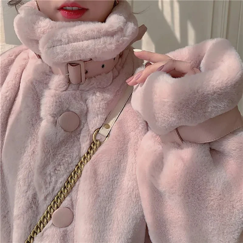 Autumn Winter Imitation Fur Jacket Warm Overcoat Korean Solid Sweet Single-breasted Pocket Coat Women Fashion Pink White Parkas