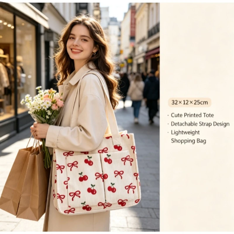 Fashion Corduroy Eco Bag, Large Capacity Simple Commuter Shoulder Bag, Portable Travel Handheld Book Storage Women Tote Bag view 4