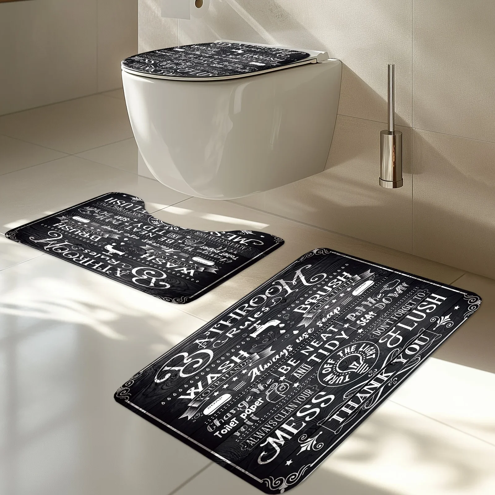 4pcs Funny Bathroom Rules Shower Curtain Set, Retro Black White Toilet RulesQuotes Positive Inspirational Vintage Modern Water