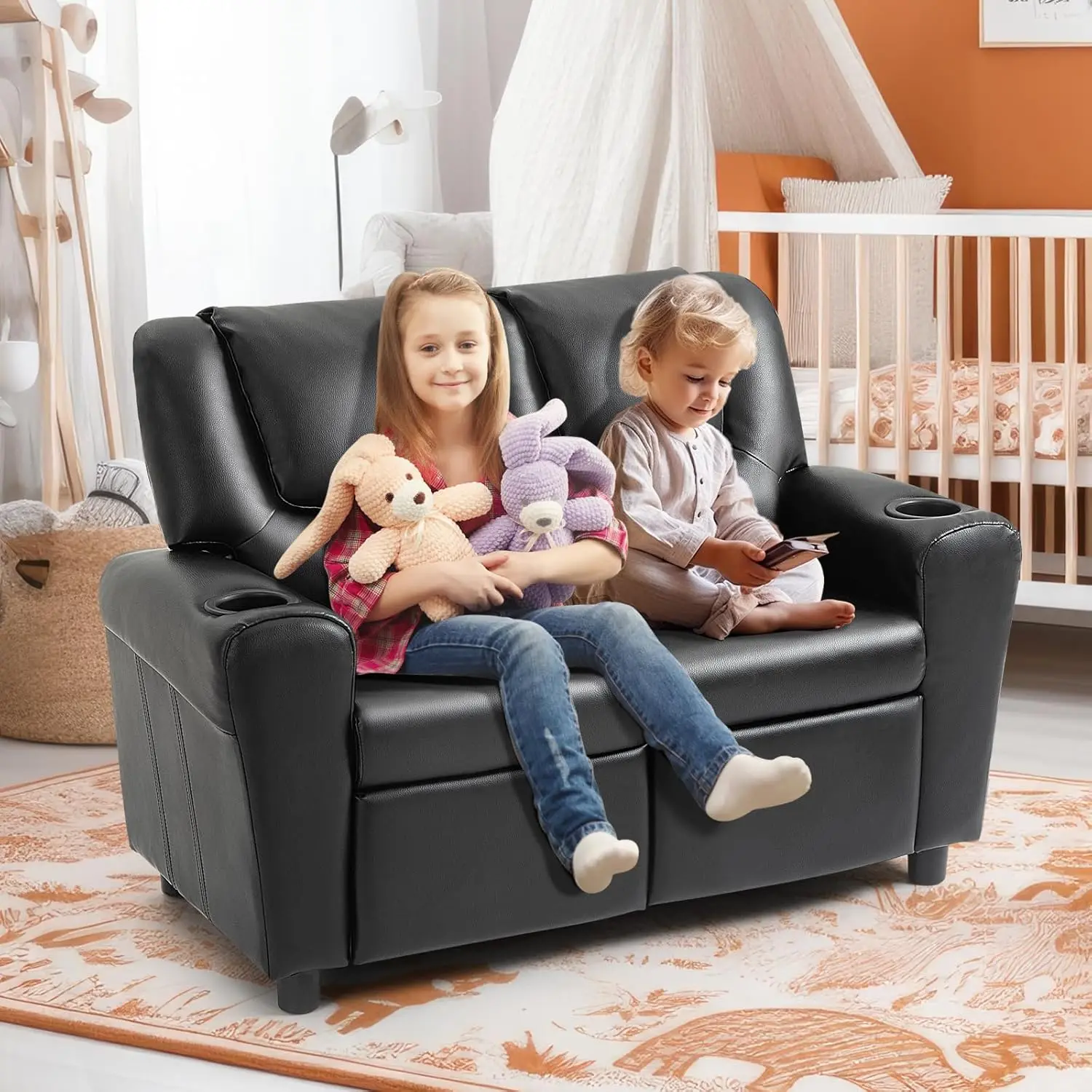 Kursi Recliner Anak, Loveseat Kulit PU dengan Tempat Cangkir, Sandaran Kaki & Sandaran Kepala yang Dapat Disesuaikan, Hitam