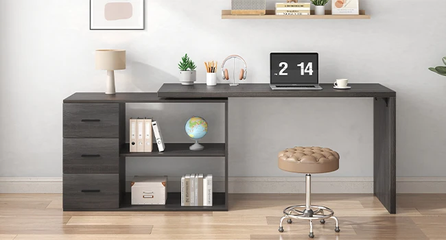 HSH L Shaped Computer Desk with Drawers, L Shaped Desk with Storage Cabinet Shelves