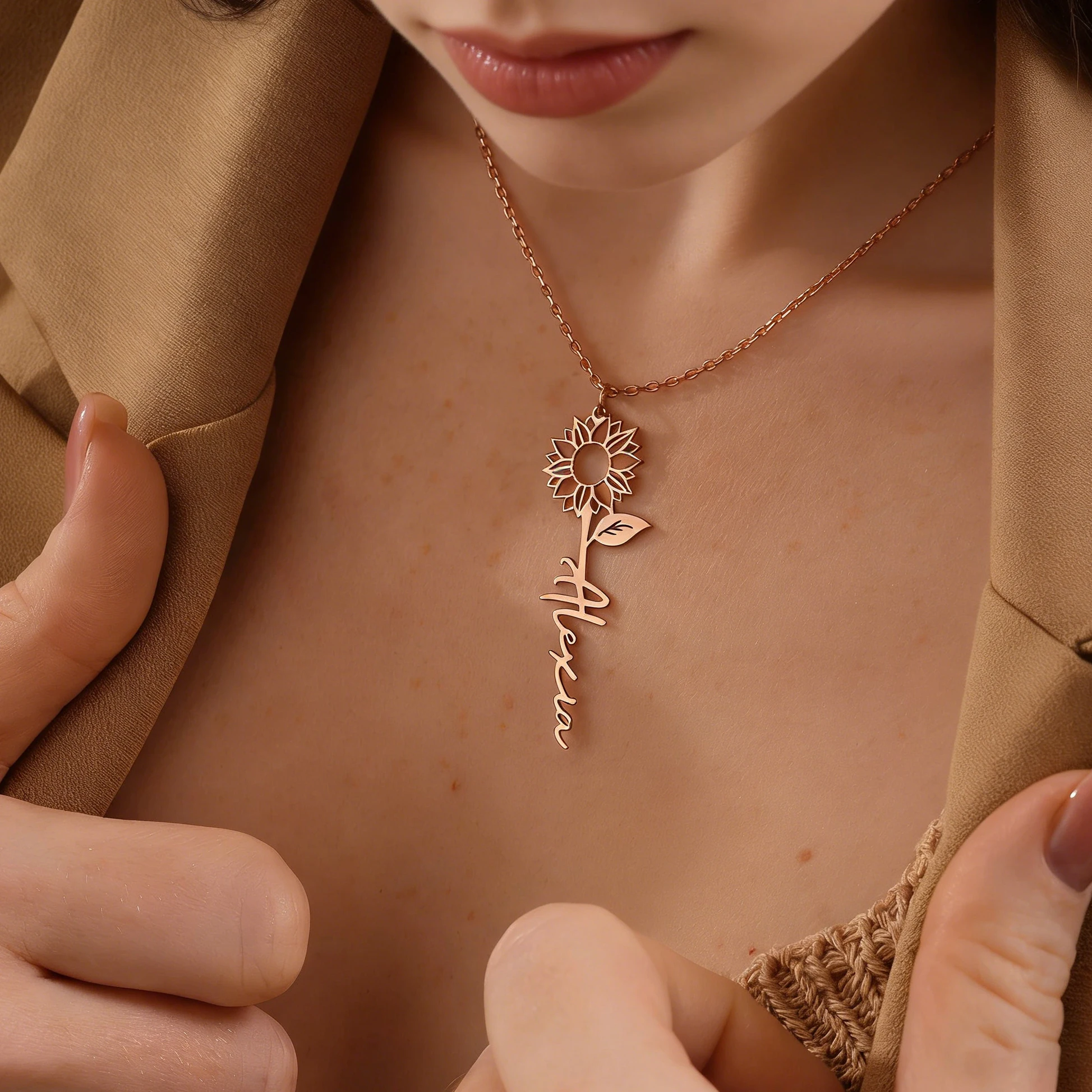 Haiyufly Custom Name Necklace for Women Personalized Sunflower Pendant Choker Chain Stainless Steel Jewelry Floral Birthday Gift