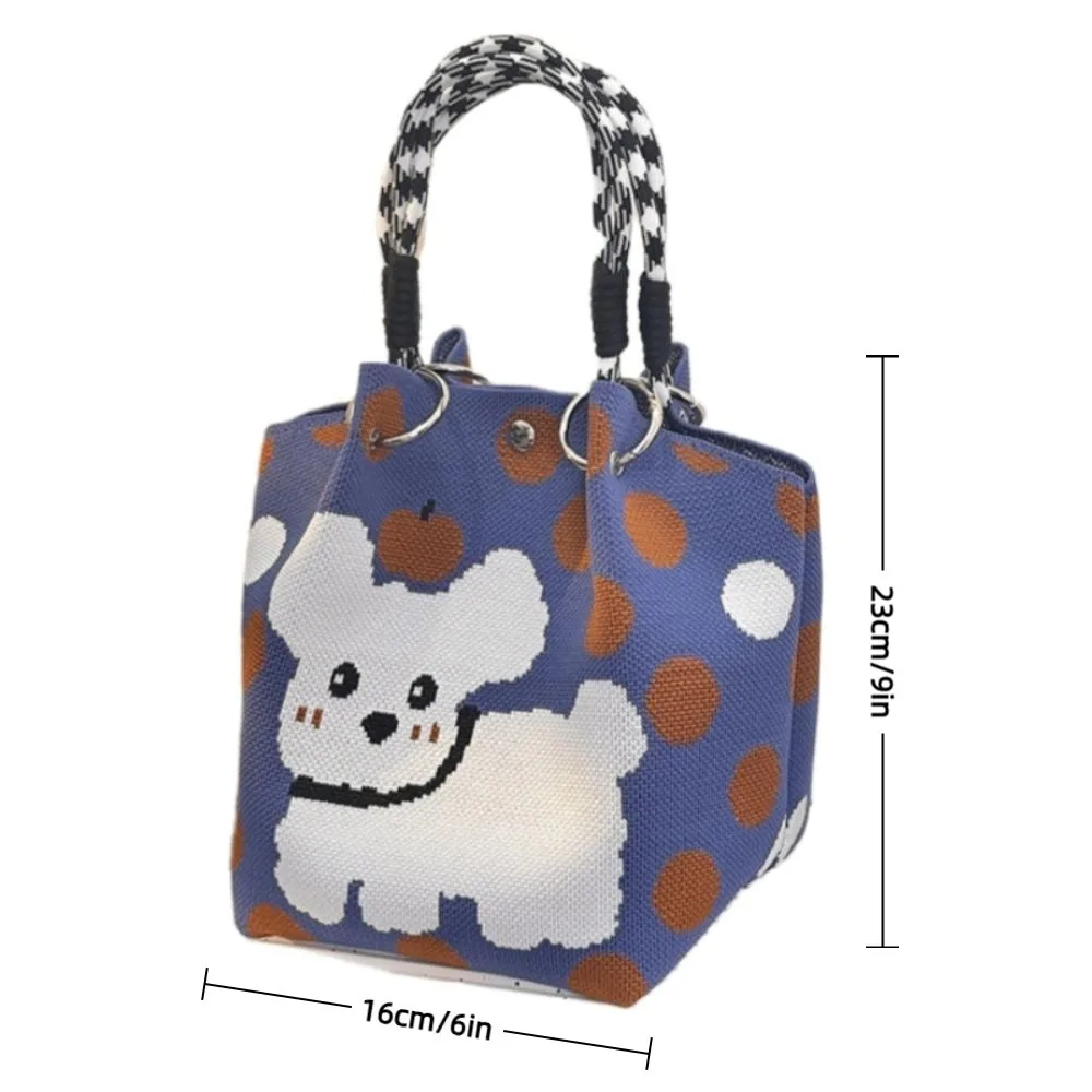 กระเป๋าถักมือดีไซน์ไม่ซ้ำใคร ลายสุนัข จุของได้เยอะ สะพายไหล่ หัวเข็มขัดแบบวงแหวน ลายจุดการ์ตูน กระเป๋าคล้องมือสำหรับผู้หญิง