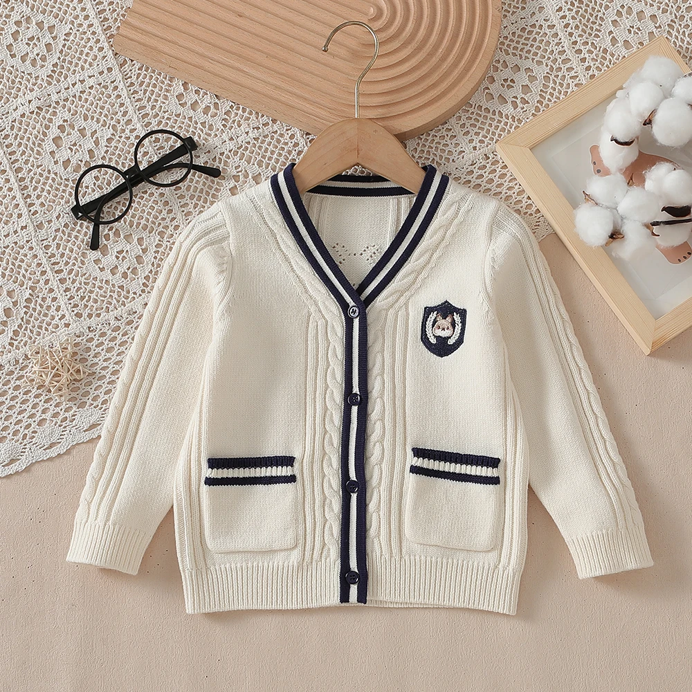 

Little Girl's Preppy Cardigan 2-6T Navy V-Neck Knitted Sweater with Fox Badge Button-Front Knit Coat for Toddler Girls
