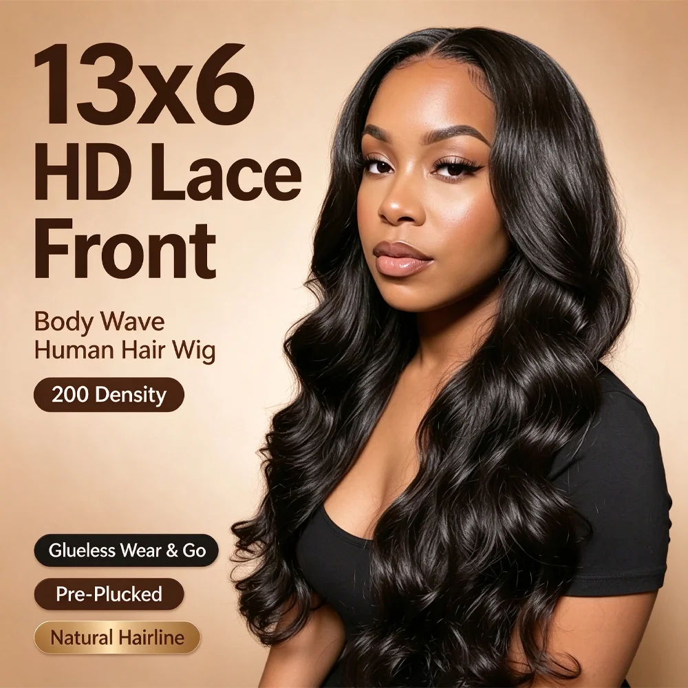 13x6 HD Lace Front Human Hair Wig For Women 200 Density Natural Black Body Wave Human Hair Wigs Go Ready To Wear Glueless Wig