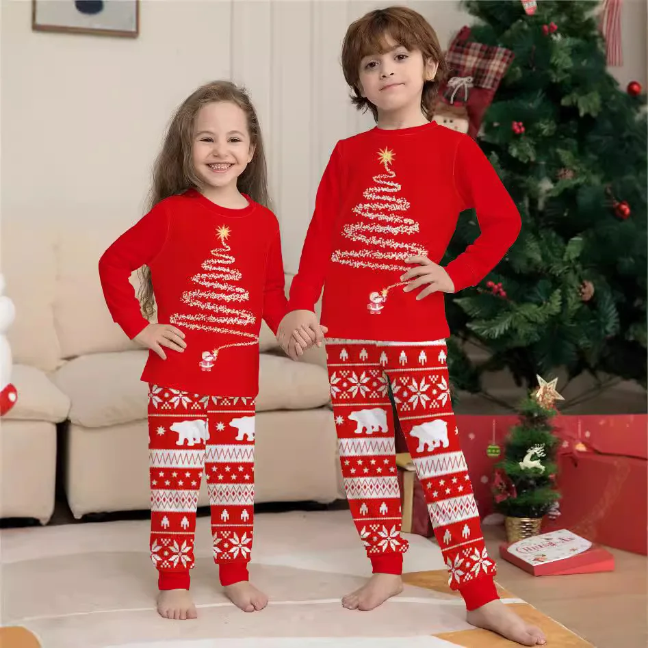 2024 Europe and the United States Christmas matching home clothing printed pajamas Christmas family crew-neck long-sleeved suit