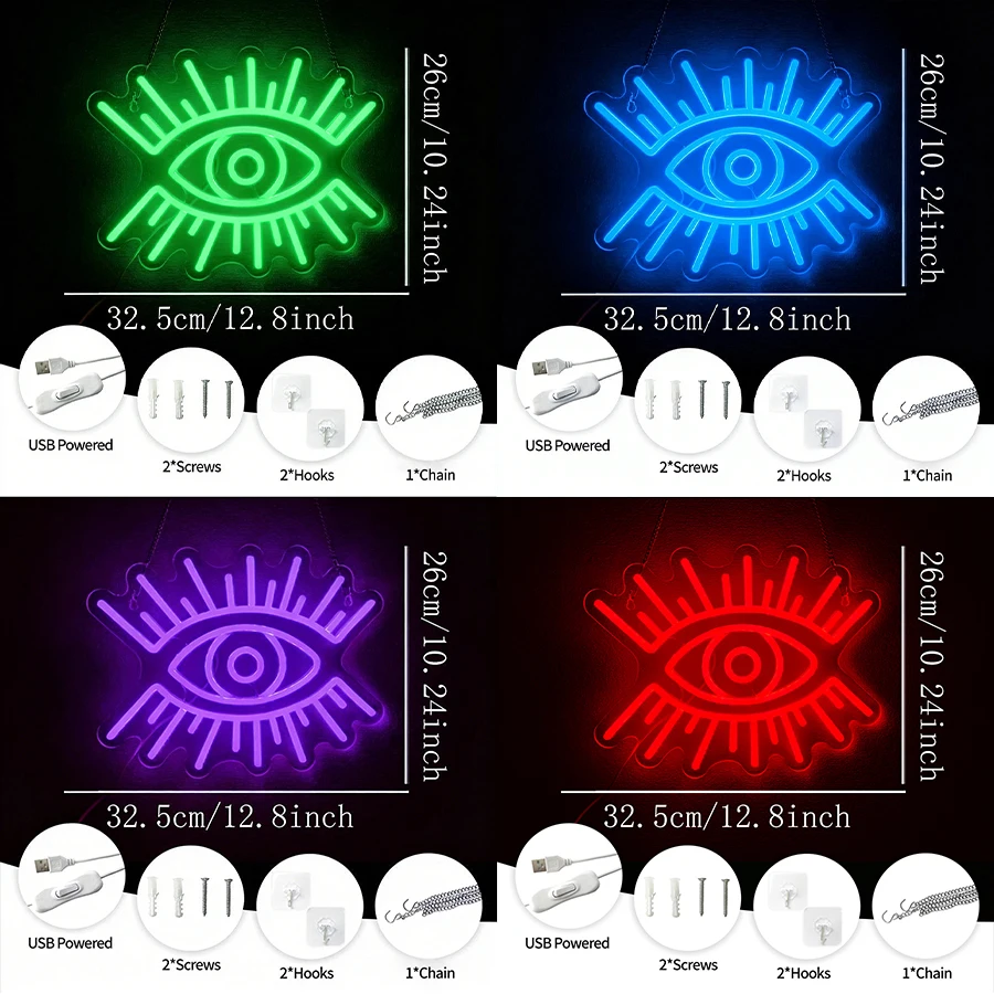 Multi-Color Evil Eye Neon Sign For Wall Decor,Led Neon Light For Bedroom,Karaoke,Bar,Restaurant,Cafe,Salon,Game Room,USB Powered