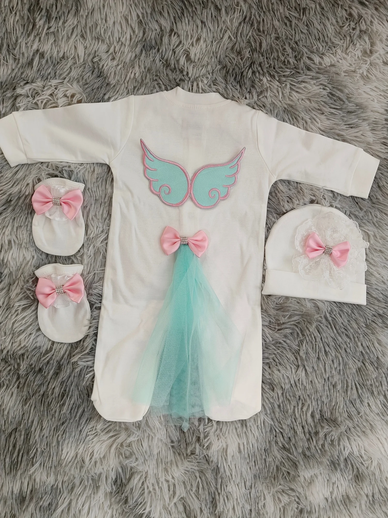 

3Pcs Precious Dreamy Angel Wing Embroidered Newborn Coming Home Outfit Baby Tulle Romper Premium Quality Best Gift
