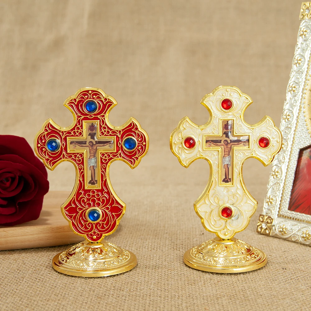 HTISOK Ostorthodoxes Kreuz Jesus-Kruzifix Christliches Standkreuz mit Sockel für Kirchen- und Heimdekoration Religiöse Artikel – Detail 1