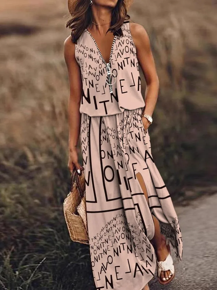 

Summer Casual Sleeveless Irregular Dress Women's Elegant Waist Zipper Mid-waist Fashion V-neck Letter Print Long Skirt