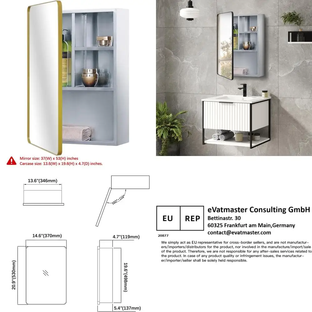 

Stainless Steel Bathroom Medicine Cabinet with Gold Framed Door and Multi-tiered Shelves, 15x21 inches