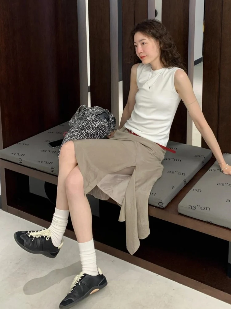 American Retro White Vest Women's Summer Design Asymmetrical Split f Skirt round Ne Two-Piece Set Faionable Casual Wear