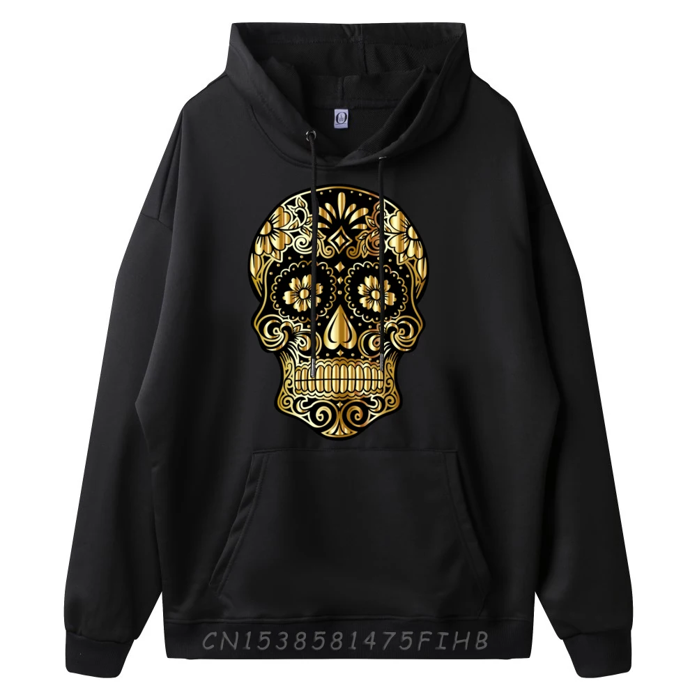 Black and Gold Sugar Skull Halloween Day of the Dead Costume Funny Shirt Male Men's Oversize Long Sleeve