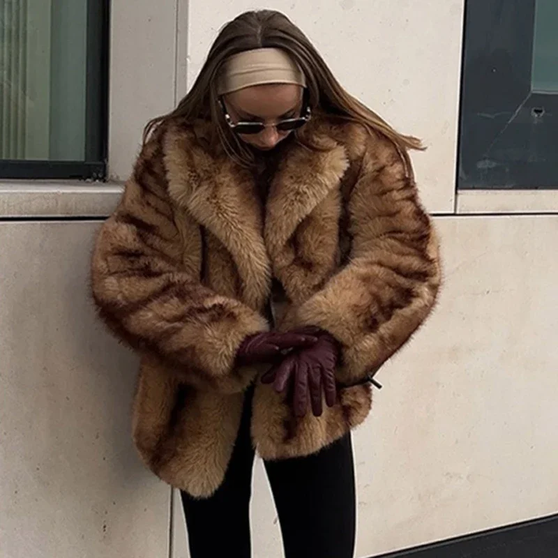 Luxe gradiënt nepbontjas dames chique meisjes revers wintermode oversized vintage vrouwelijke warme harige overjas