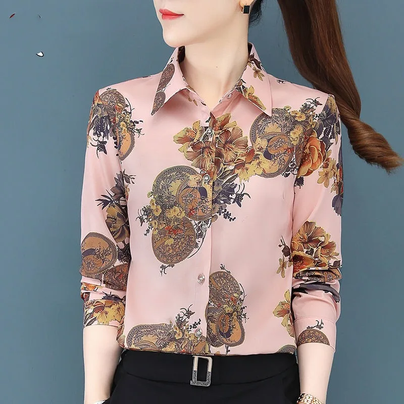 Spring and Autumn Women\'s Polo Collar Button Contrast Plant&Flowers Printing Single Breasted Long Sleeve Shirt Cardigan Tops