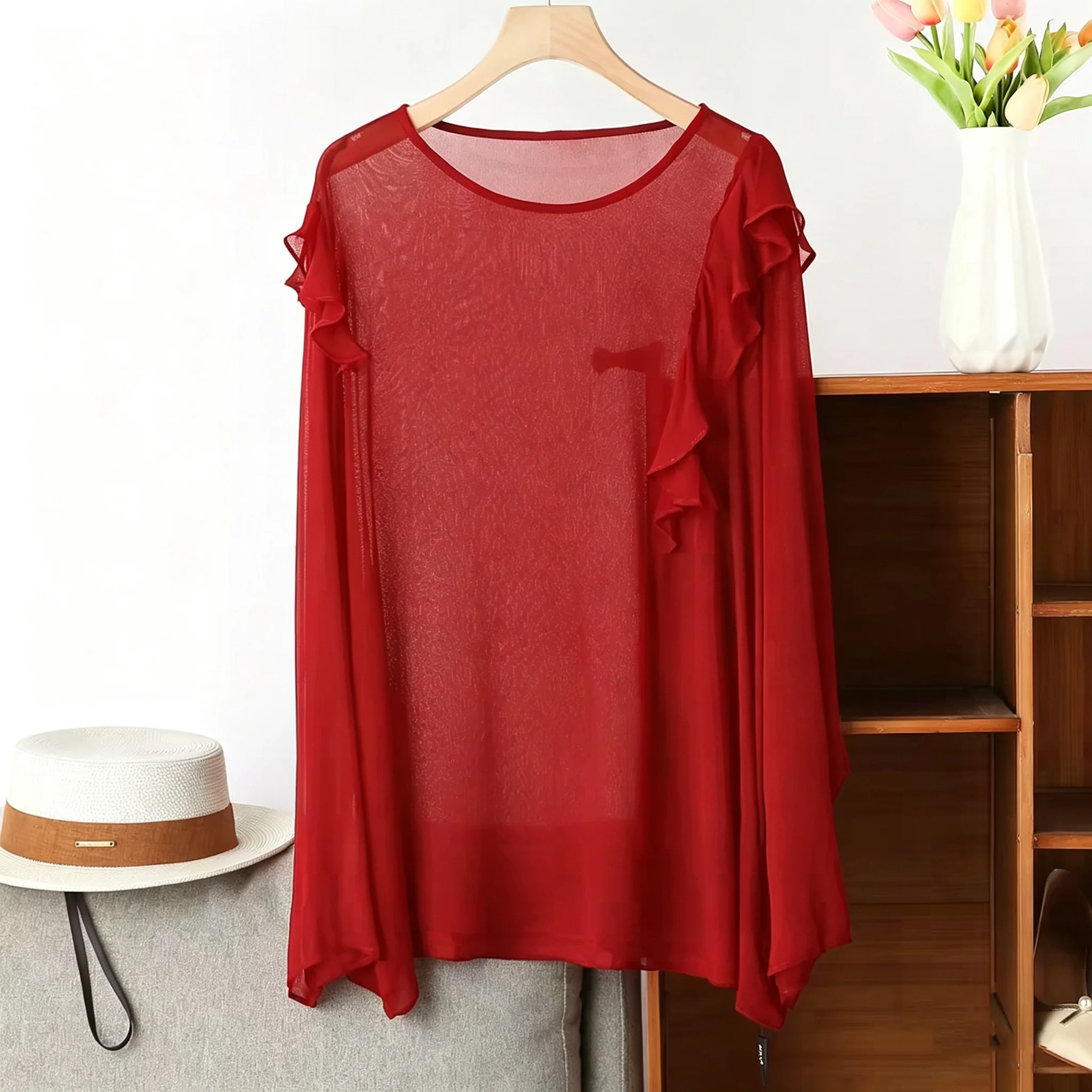 

plus Size Vintage Ruffles Lace Blouse White Chiffon Long Sleeve Loose Top Elegant Red Shirt for Women Spring 5XL