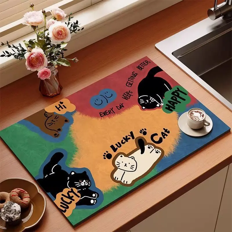 Retro Grid Lucky Cat Star Apple Slogan Kitchen Drain Pad, Anti Slip Coffee Machine Tableware, Protective Pad