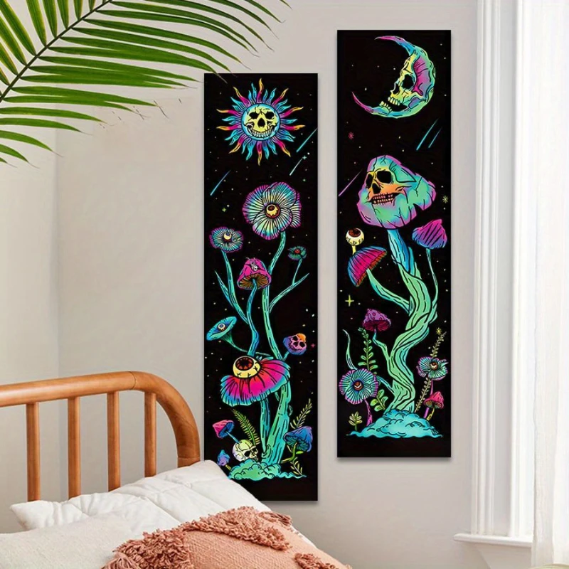 VIKAMA Psychedelic Sun, Moon, Mushroom Vertical Tapestry Bohemian Style Wall Hanging Bedroom E-sports Room Home Decoration