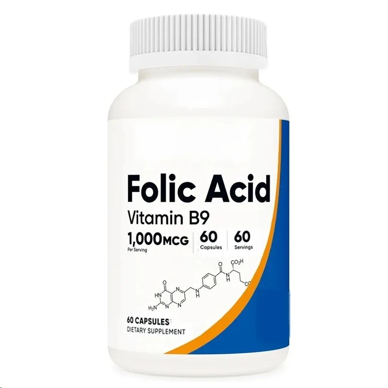 حمض الفوليك عالي الجودة (فيتامين ب9) 1000 مكمل جرام، 60 كبسولة غير كائنات معدلة وراثيًا، خالي من الصويا، خالي من الغلوتين