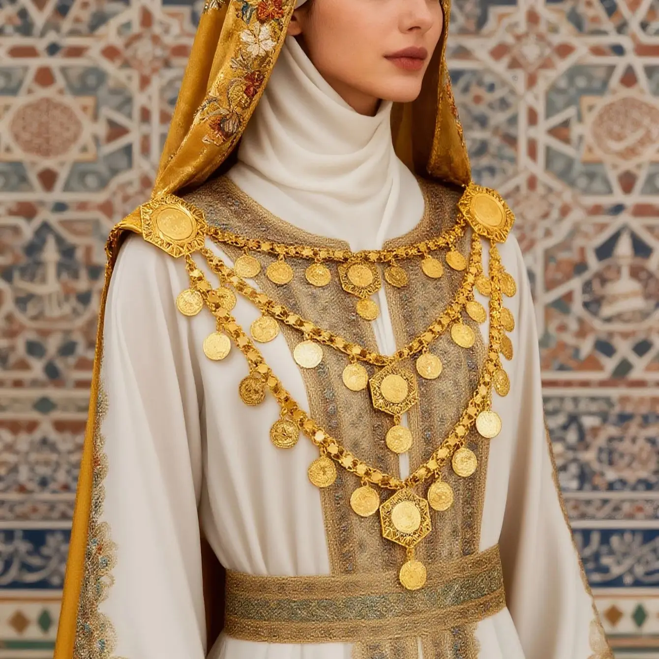 Gold plated tukish kurdish women shoulder chain arabic coin long necklace middle east wedding festival jewelry