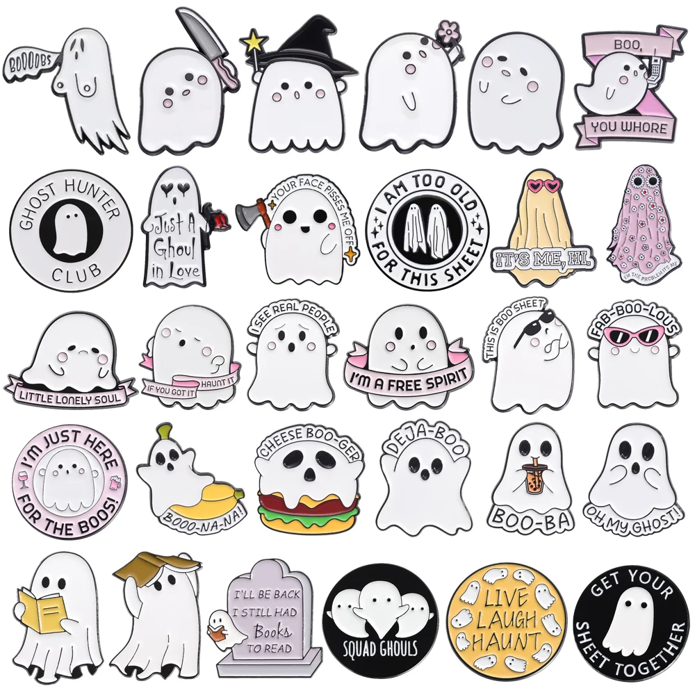 Halloween Horror Ghost Metal Brooch Flower Boos Banana Burger Coffee Plant Book Tombstone Witch Cute Ghost Badge Punk Pins Gift