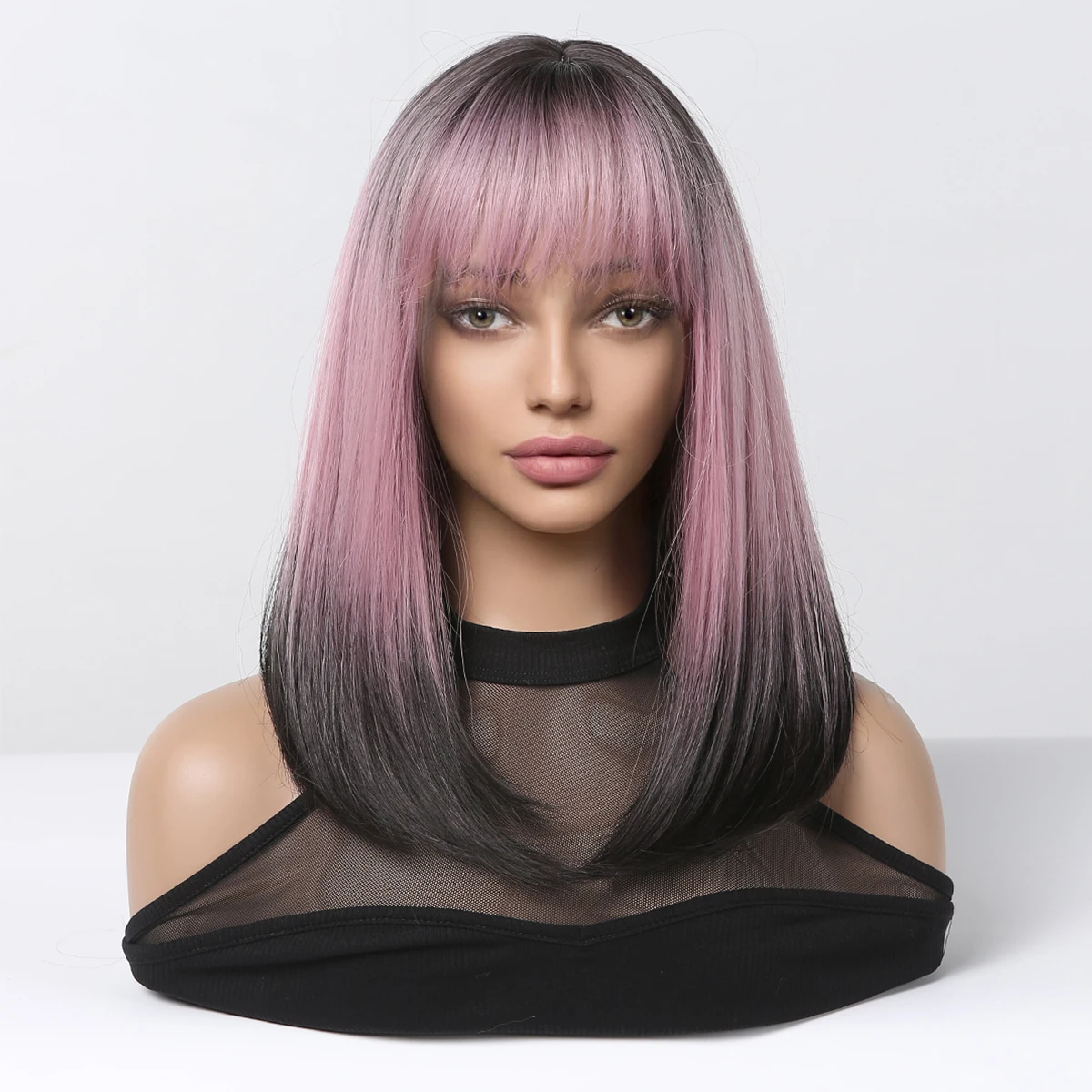 Black Pink Bob Wigs Synthetic Wigs with Bangs Cool Girl Ombre Natural Looking for Women Cosplay Lolita Fake Hairs Heat Resistant