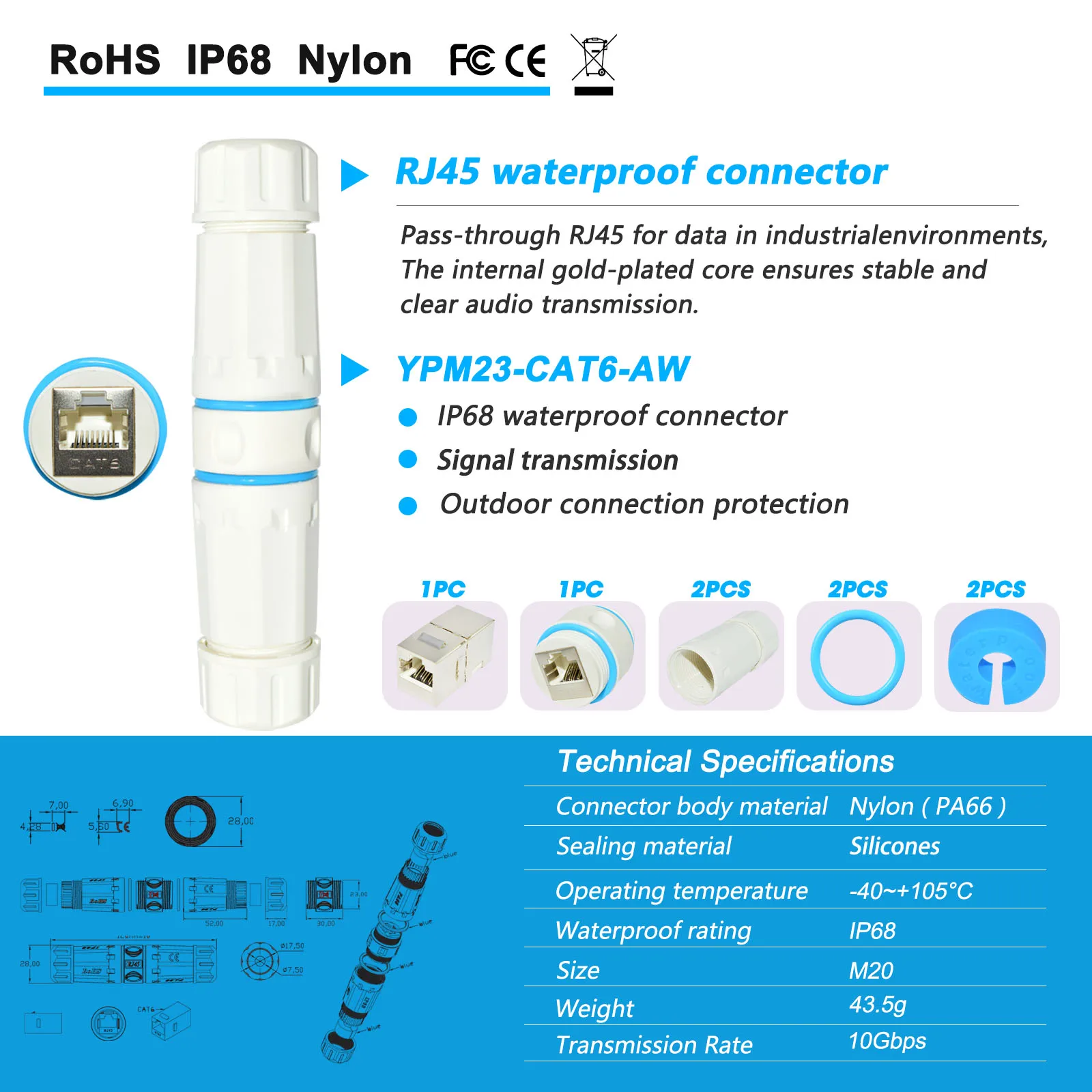 YXY RJ45 Docking Connector Ethernet Network Straight-through Waterproof IP67 Header Outdoor Broadband Network Cable Extender