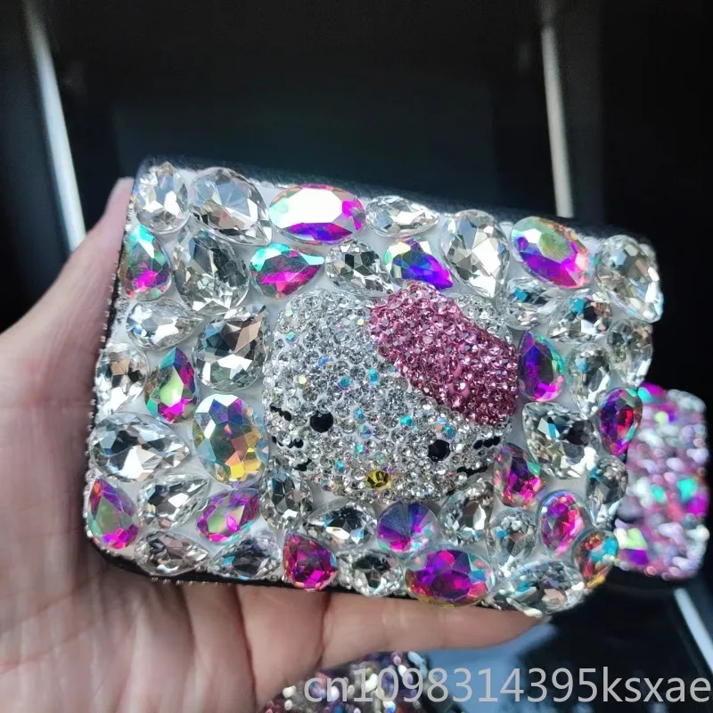 Hello Kitty Luxury Card Holder for Women Genuine Leather Rhinestone Decoration Multi Card Slot Purse Handbag Zipper Fashion Gift