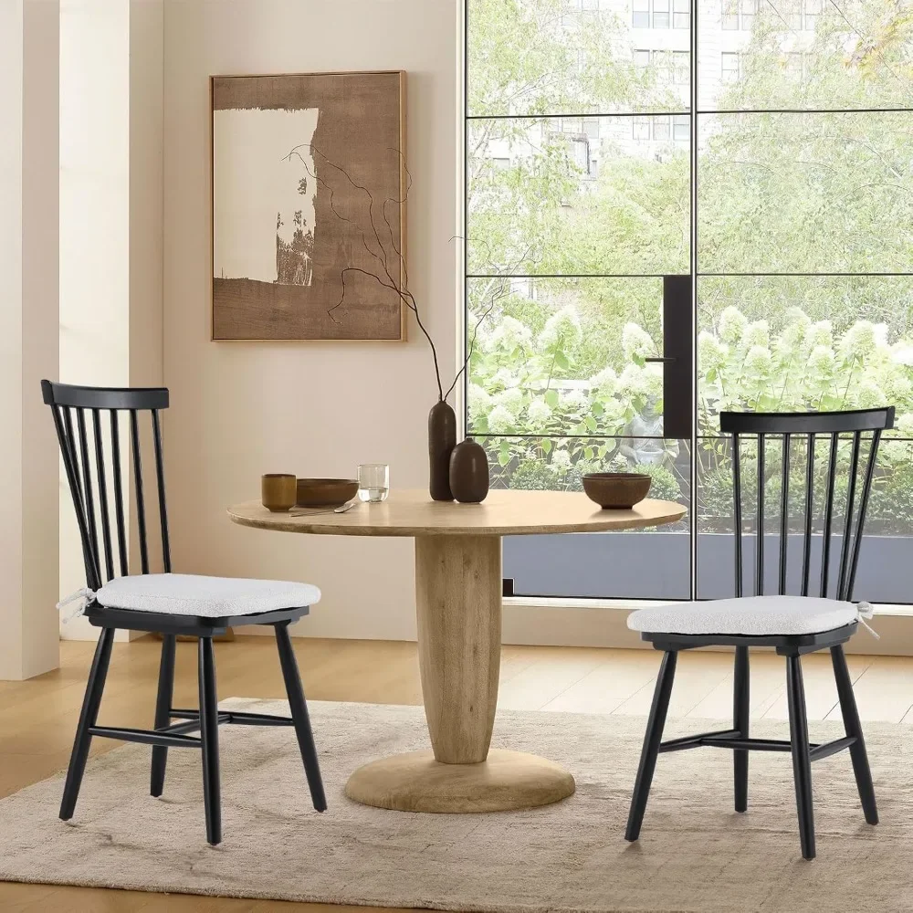 Café Chairs, Windsor Dining Chairs Set of 2, Black Wood Kitchen Dining Room Chairs with Spindle Back and Removable Cushions