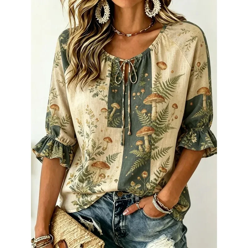 Women's Tie Keyhole Neck Blouse, Beige Sage Color Block Tropical Banana Leaf Print, Loose Fit for Spring Summer Daily Outfits