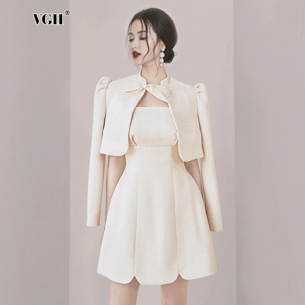 VGH Elegant Dresses Set For Women Spliced Bowknot Long Sleeve Coats Strapless Sleeveless Tunic Short Dress Chic Sets Female New