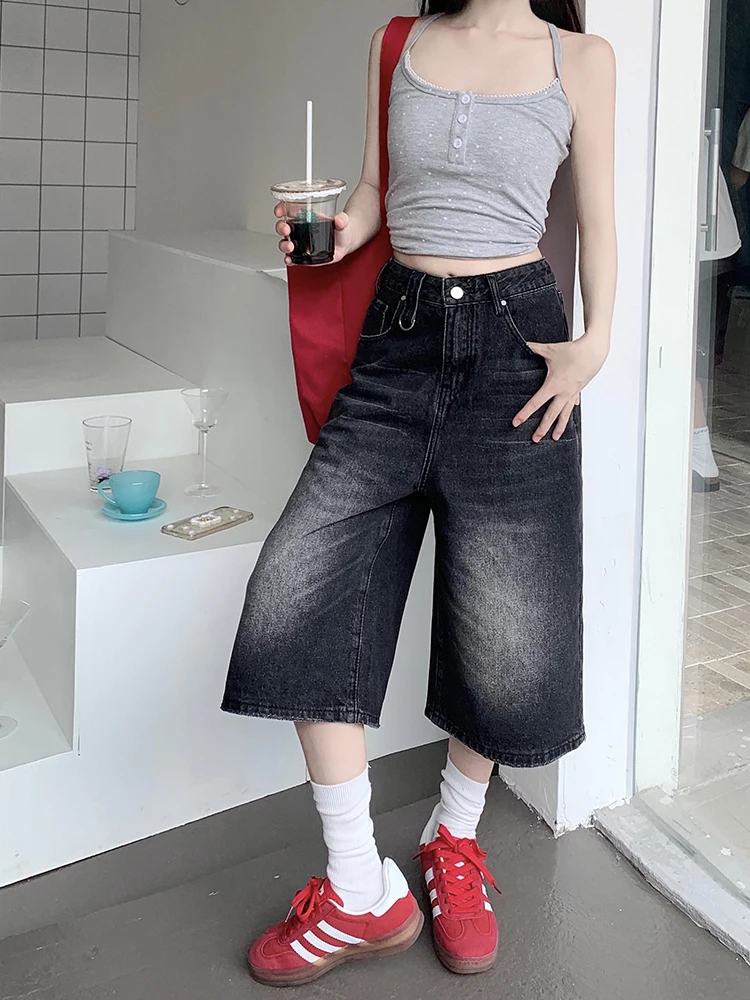 Retro-gewaschene Vintage-Jeans mit weitem Bein, 2025, Sommerfrauen, neue hohe Taille, schlankmachende, vielseitige, lockere Mode, fünf kurze Hosen