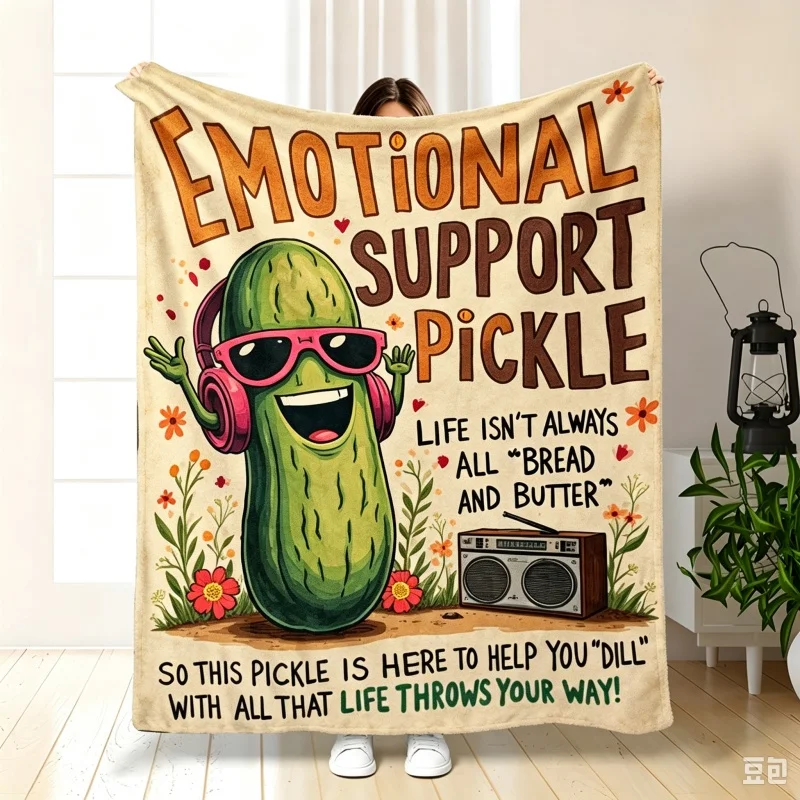 Funny Emotional Support Pickle Printed Throw Blanket,Cartoon Cucumber Text Pattern Soft Couch Bed Cover,Novelty Home Blanket