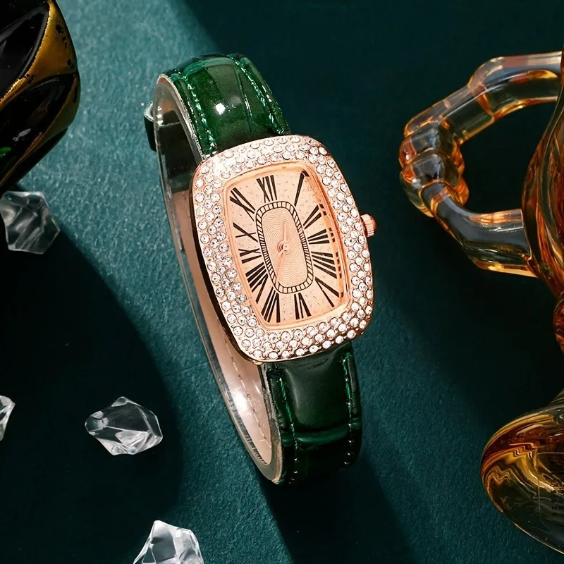 Kegllect, 5 шт., женские часы с квадратным циферблатом, роскошные кварцевые часы со стразами, аналоговые наручные часы и комплект ювелирных изделий, подарок для мамы