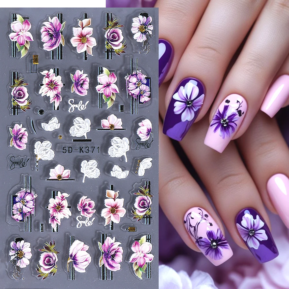 Purple Geometry Flower Nail Art Stickers 5D Embossed Self-Adhesive Rose Winter Nail Decals for Valentine's Day Manicure Decor