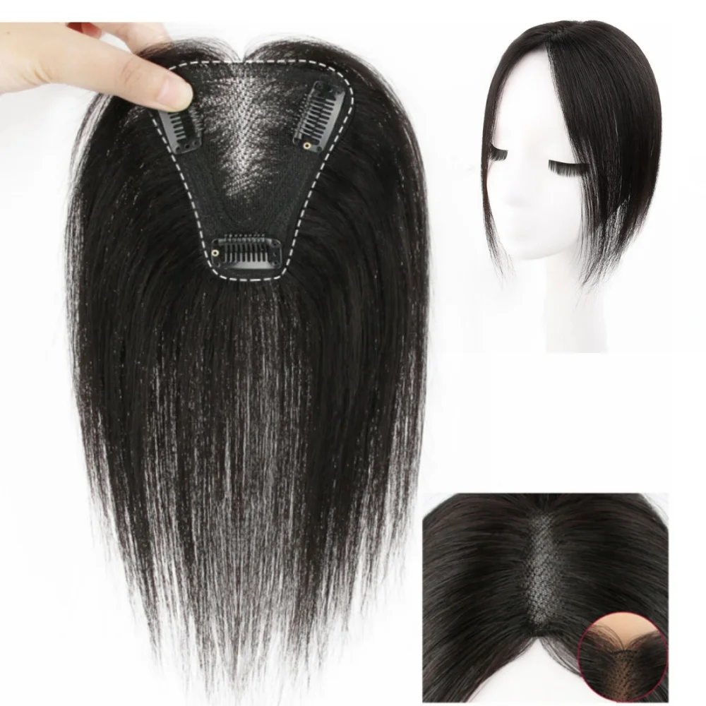 Заколка в швейцарской кружевной основе Шиньоны Ручной работы Человеческие волосы Топперы для женщин Средняя часть Прямые волосы Покрытие Серые выпадения волос Повседневная одежда