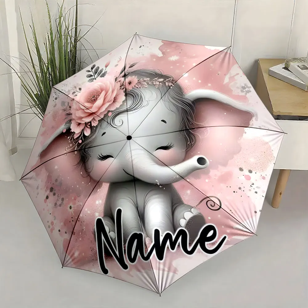 Custom Name Cute Elephant-Themed Umbrella Design 8 Iron Ribs Folding Umbrella Auto-Open Fashionable Sunshade Deluxe Gift
