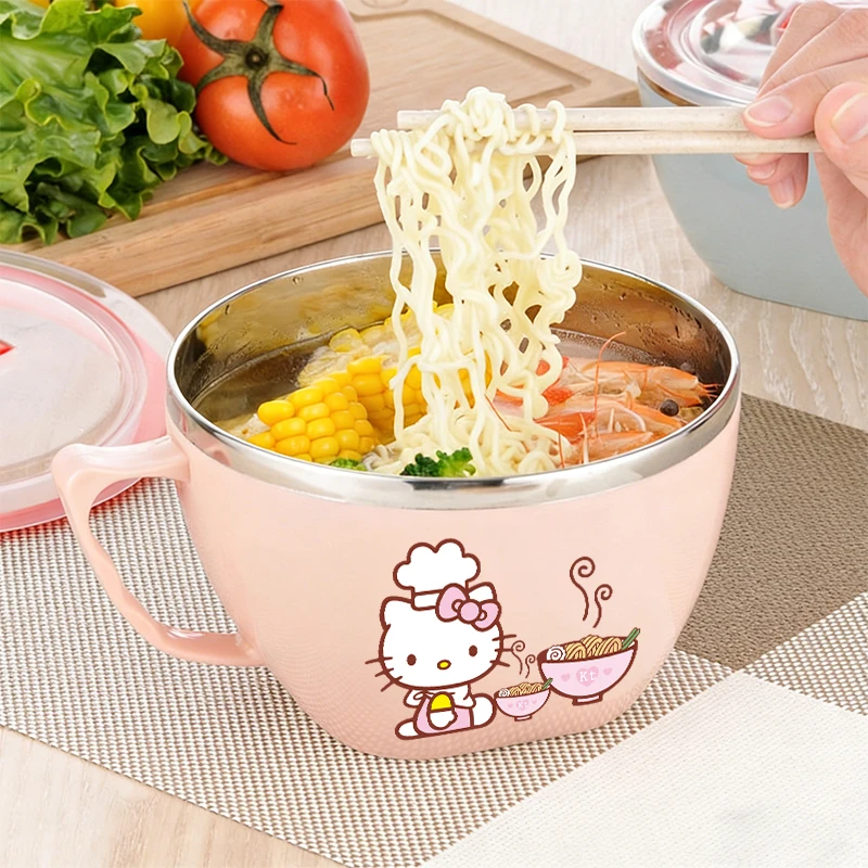 Hello Kitty Stainless Steel Insulated Lunch Box Anti-Scald Food Container Bowl with Handle Soup Bowl Instant Noodle Mixing Bowl