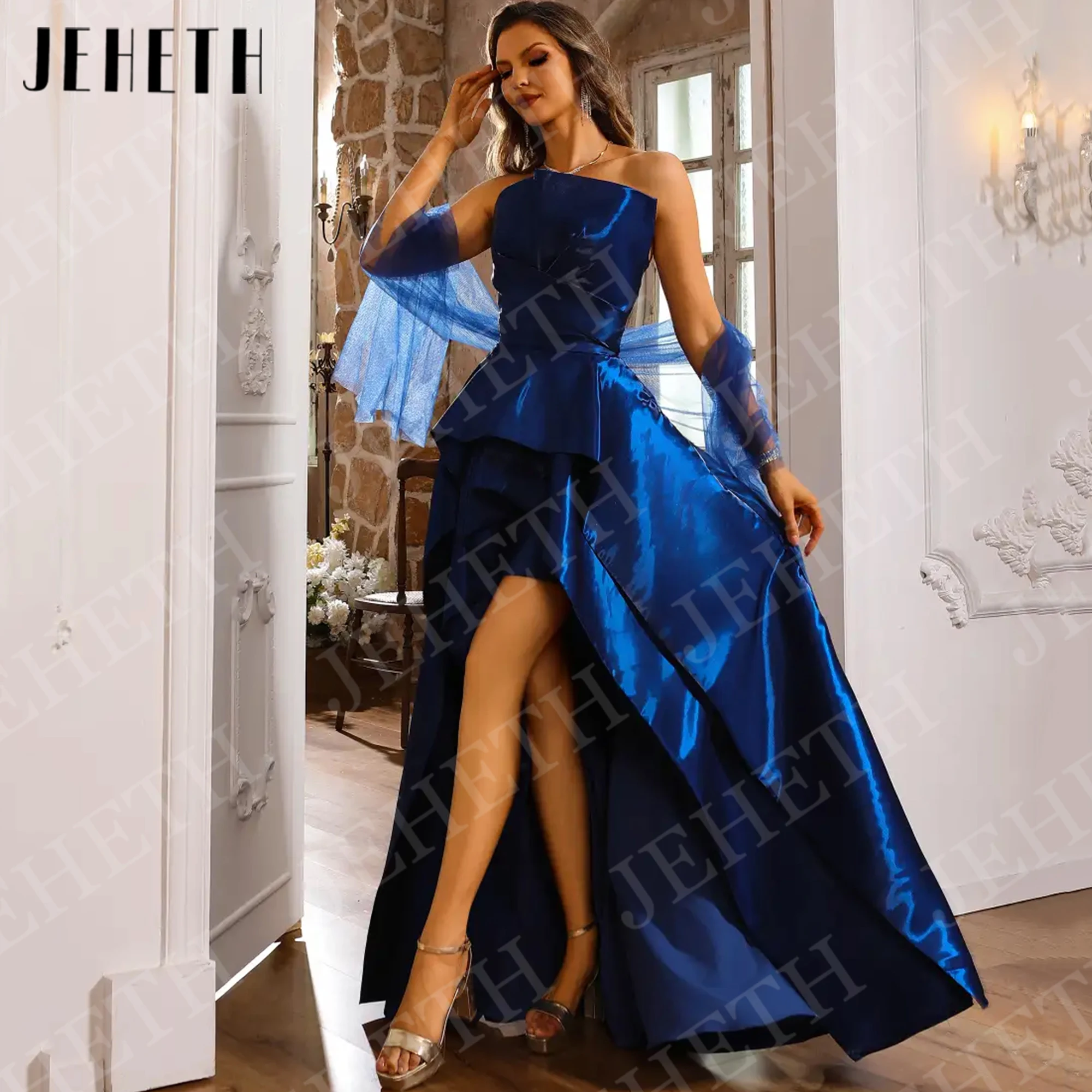JEHETH High Low Prom Dresses for Woman Royal Blue Strapless Satin A Line Evening Dress Formal Sleeveless Customized فساتين سهرة