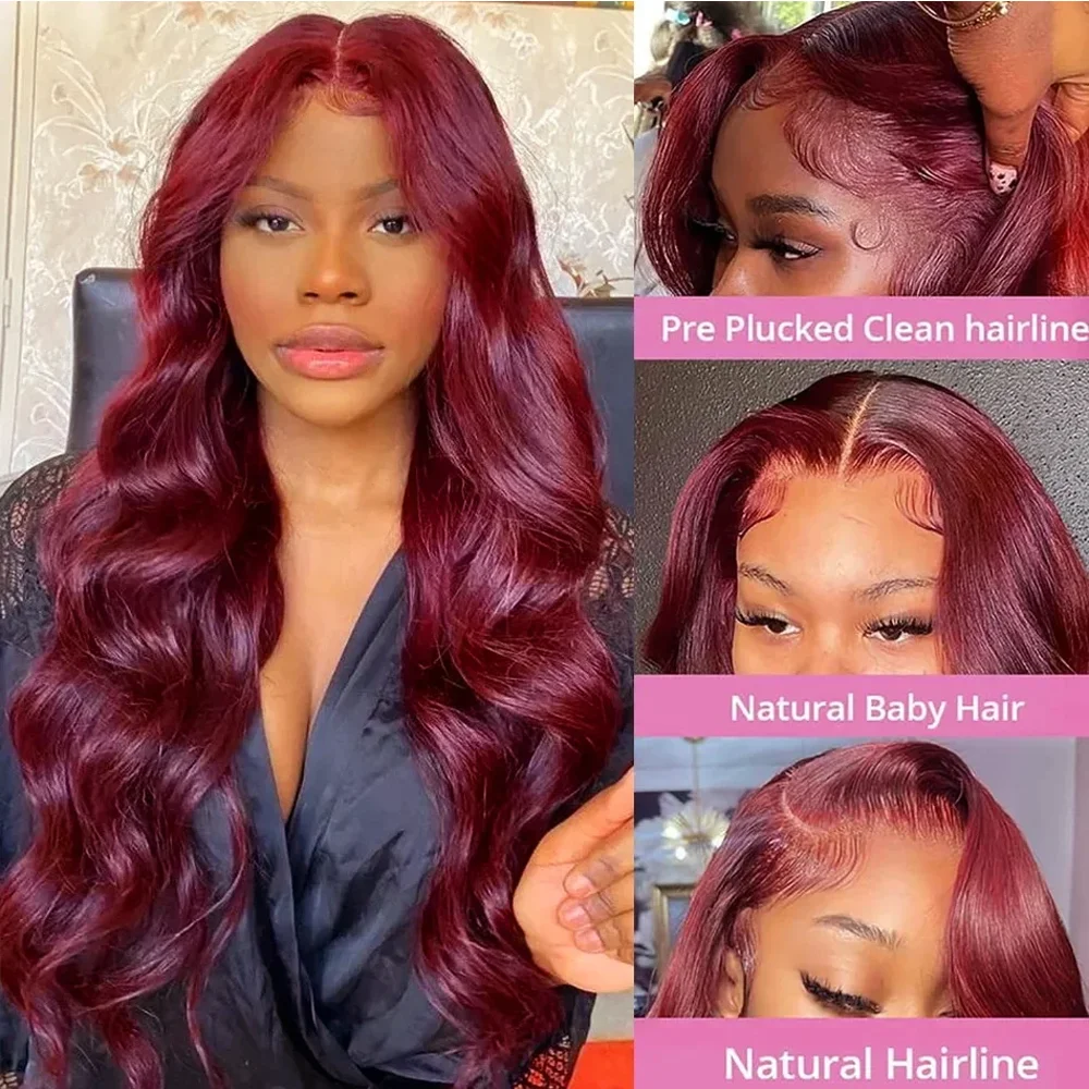 Body Wave 99J HD Lace Frontal wigs Human Hair36 Inch  Burgundy 200Density 13x6 HD Transparent Lace Human Hair Wigs for Women